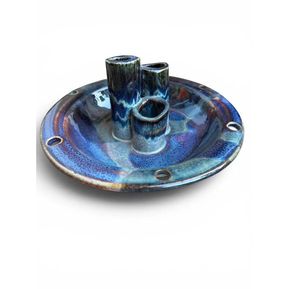 Vintage Art Pottery Ikebana Bowl Vase 3 Flutes Artisan Signed Piece Blue Glaze